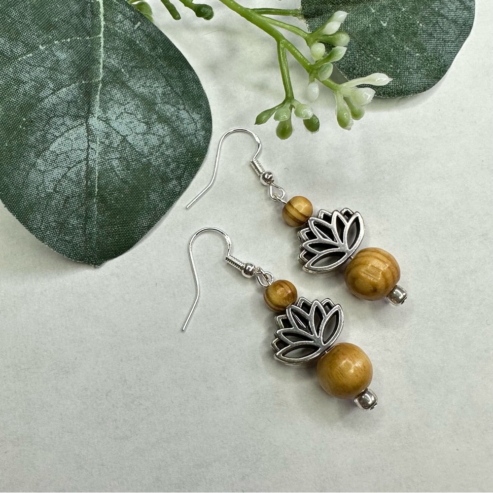 3/$25 Boho Wood & Lotus Leaf Silver Earrings